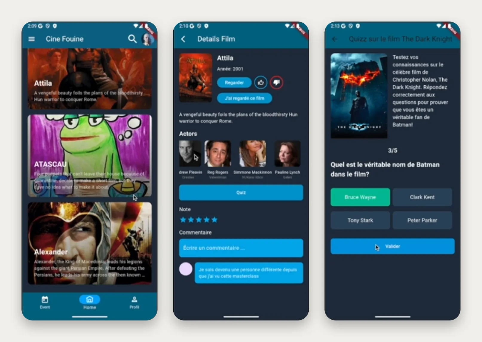 Trois écrans de l'app mobile CinéFouine : le fil de films, la fiche détaillée d'un film avec ses acteurs, et un quiz à choix multiples sur The Dark Knight. / Three screens of the CinéFouine mobile app: the movie feed, a movie's detail page with its cast, and a multiple-choice quiz about The Dark Knight.